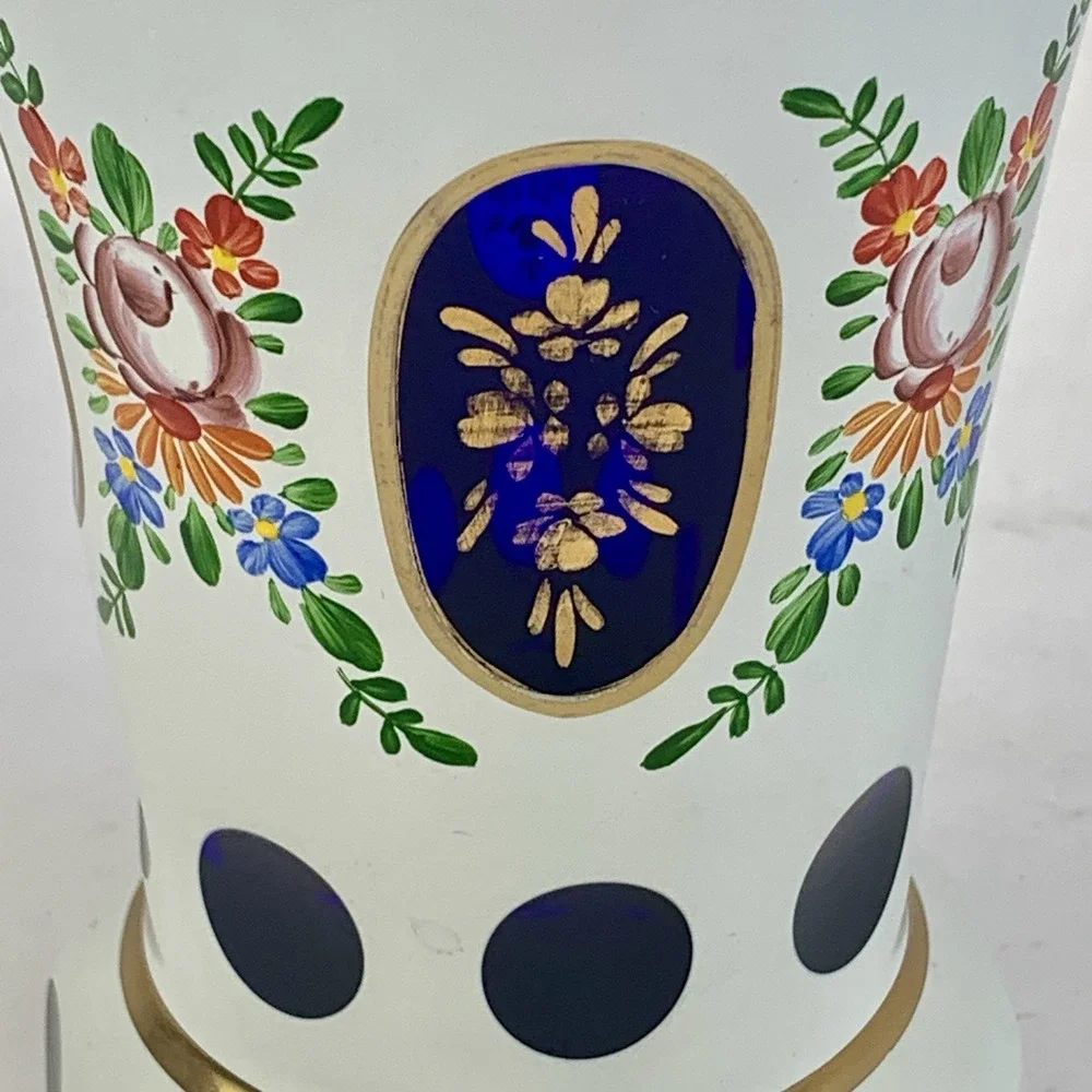 LAUSITZER GLAS Cobalt Blue Cut Crystal Vase Enameled Hand Painted Floral German